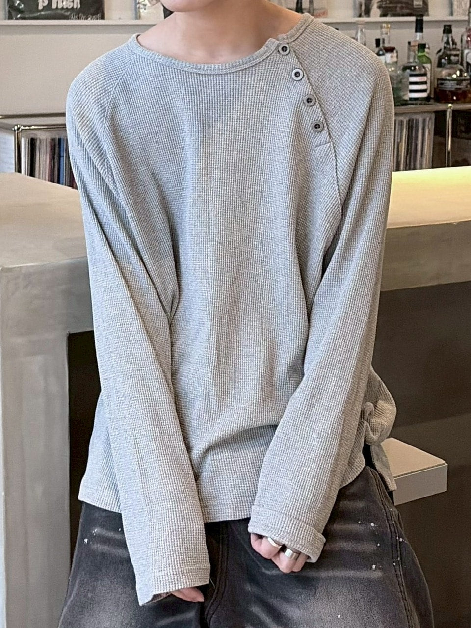 受注制【LUV CODE】snap button waffle long sleeve tee (2color)