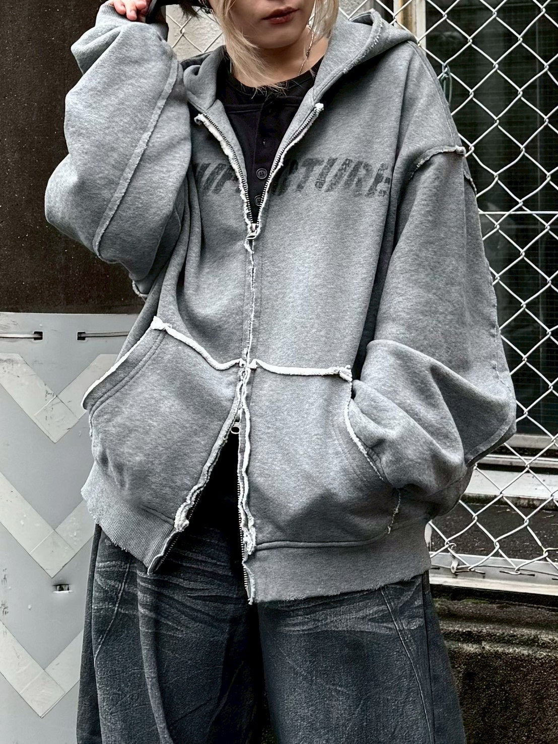 Never mind the XU】damage oversized zip up hoodie / 【ネバー