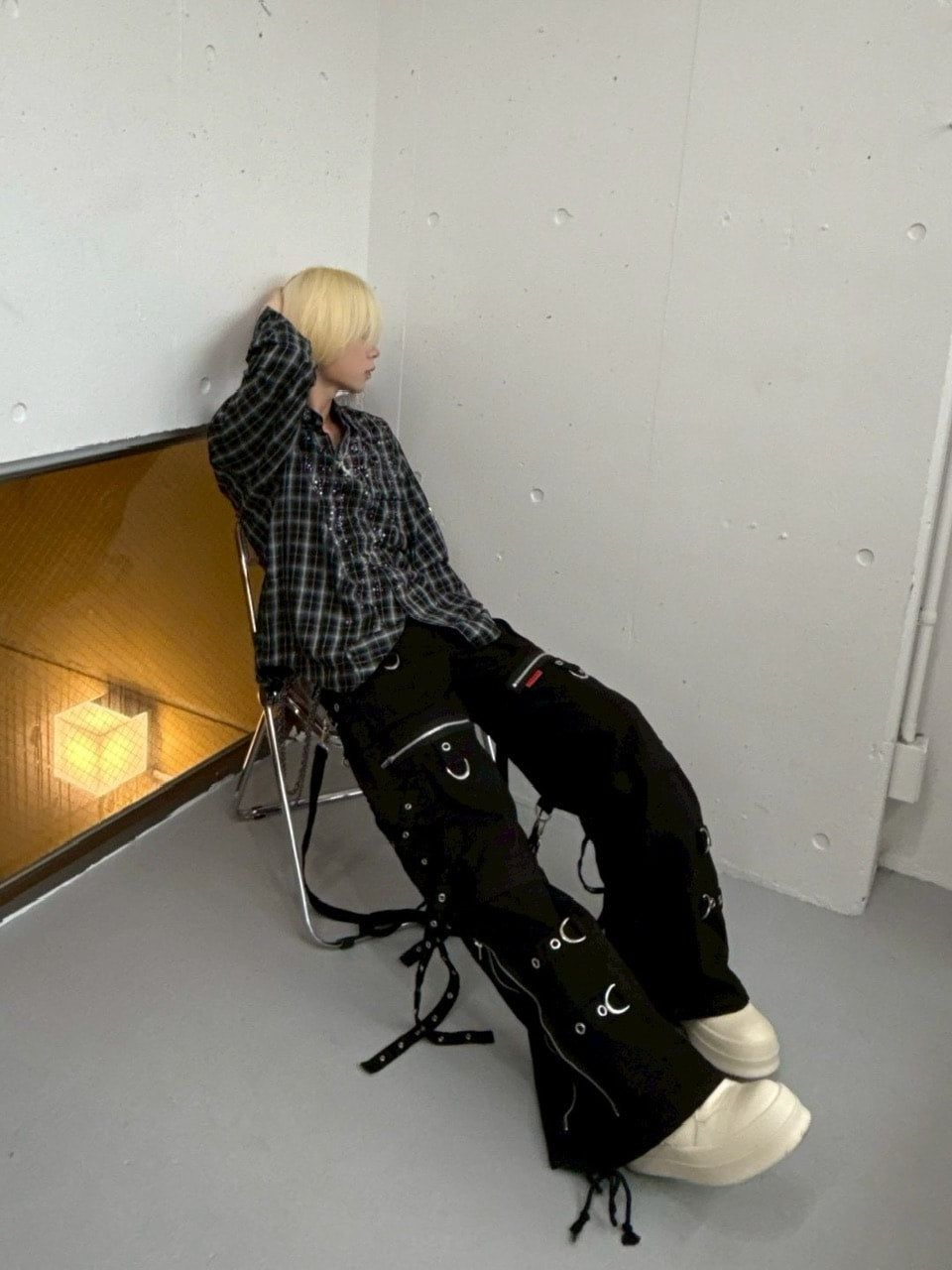 【Never mind the XU】rhinestone check shirt / 【エックスユードッグ】ラインストーンチェック長袖シャツ (2color)