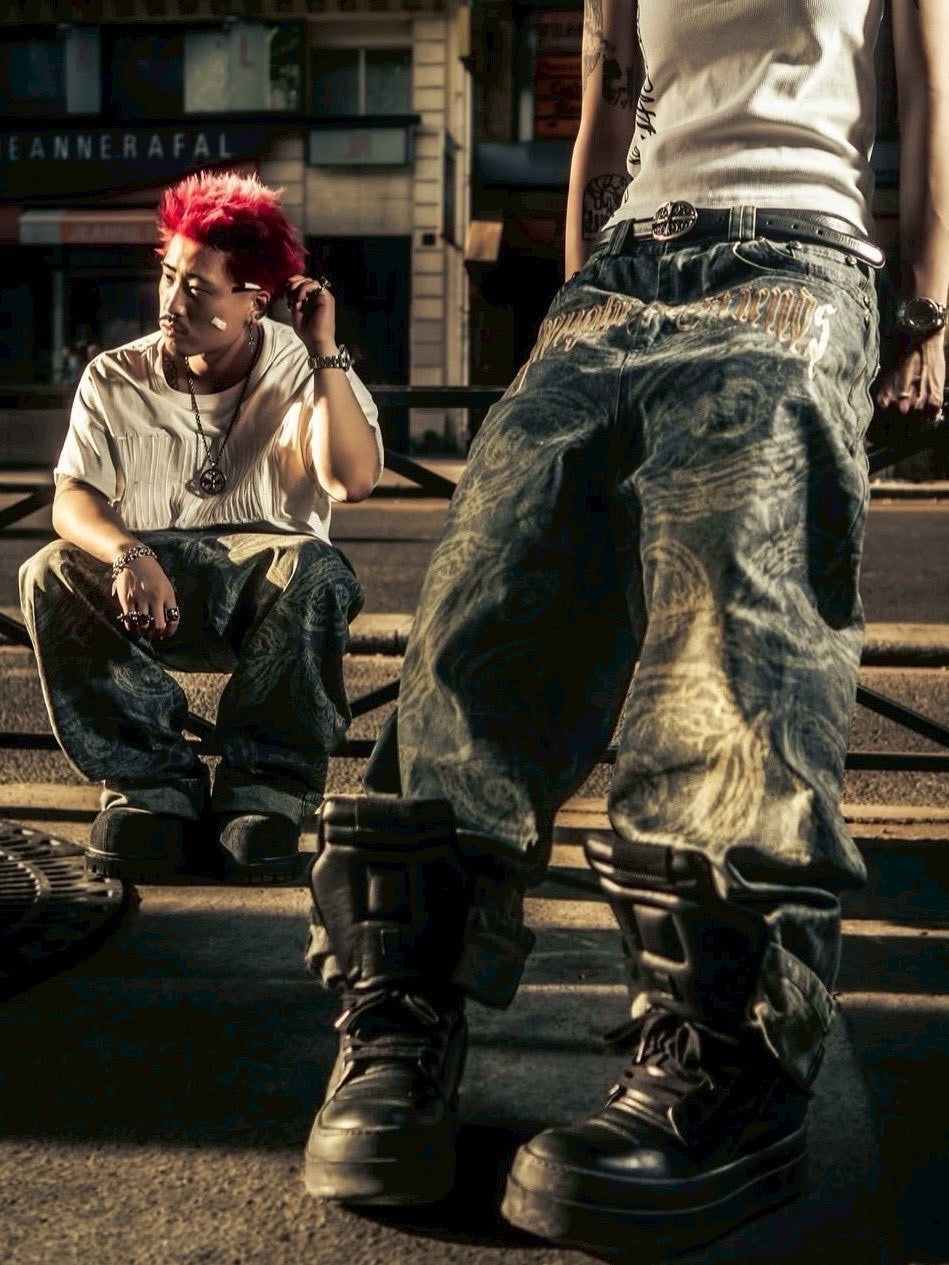 【Thought We Friends】Eyethought 2.0 Distressed Baggy Denims with Embroidery & Studs