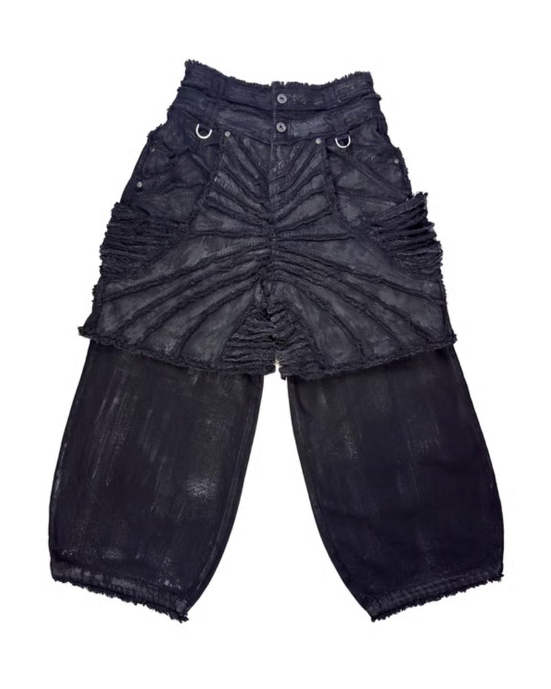 【Thought We Friends】Attached Detachable Waxed Distressed Denims