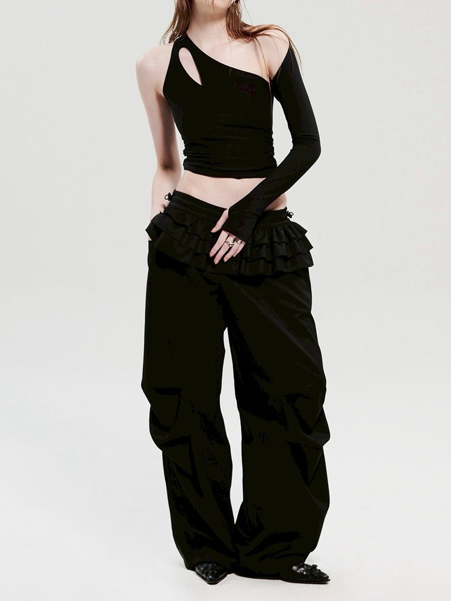 【HOLY NUMBER 7】Unbalanced One-Shoulder Shirring Long Sleeve T-shirt