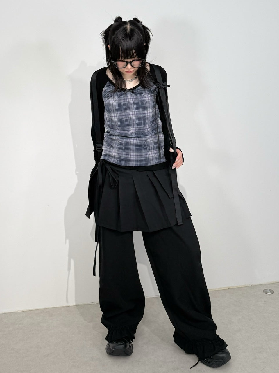国際配送【Nerd out XU】pleats layered skirt pants set (2color)