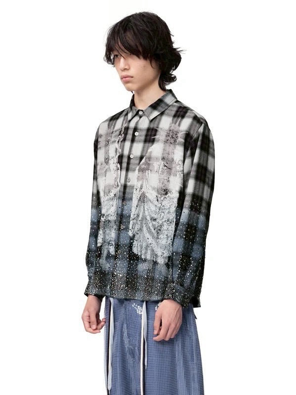 【The Boy Has No Patience】Saint Irregular Hot Diamond Plaid Shirt / 【ザボーイハズノーペーシェンス】ラインストーングラデーション長袖チェックシャツ