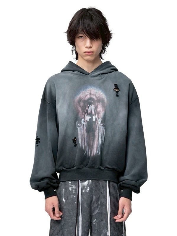【The Boy Has No Patience】Knife-Cut Destruction Spray-Colored Sweatshirt / 【ザボーイハズノーペーシェンス】グラフィックスプレーカラープルオーバーパーカー