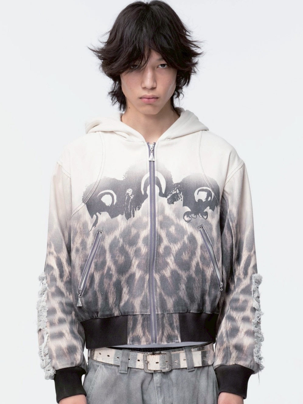 【The Boy Has No Patience】Fur Print Patchwork Jacket / 【ザボーイハズノーペーシェンス】レオパードプリントダメージフードジップアップブルゾン