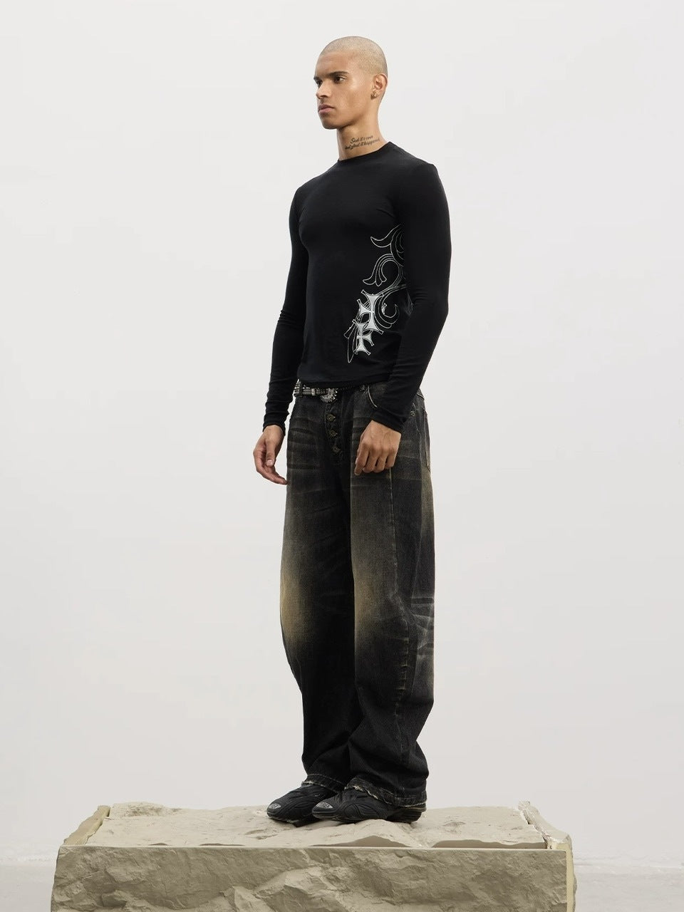 【DND4DES】Honeysuckle Pattern Cross Wool Long Sleeve /【ディーエヌディーフォーデス】サイドクロスデザインウール長袖Tシャツ