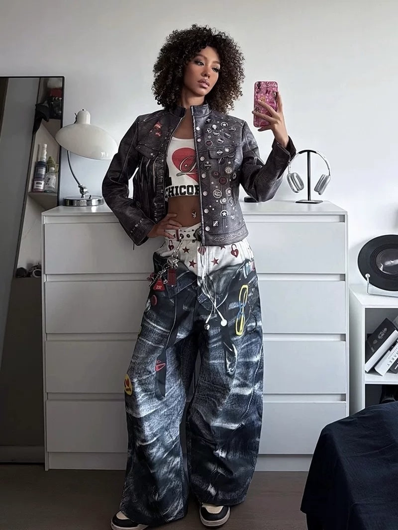 【DND4DES】Double Waist Badge All-Over Print Pants /【ディーエヌディーフォーデス】ダブルウエストプリントデニムパンツ