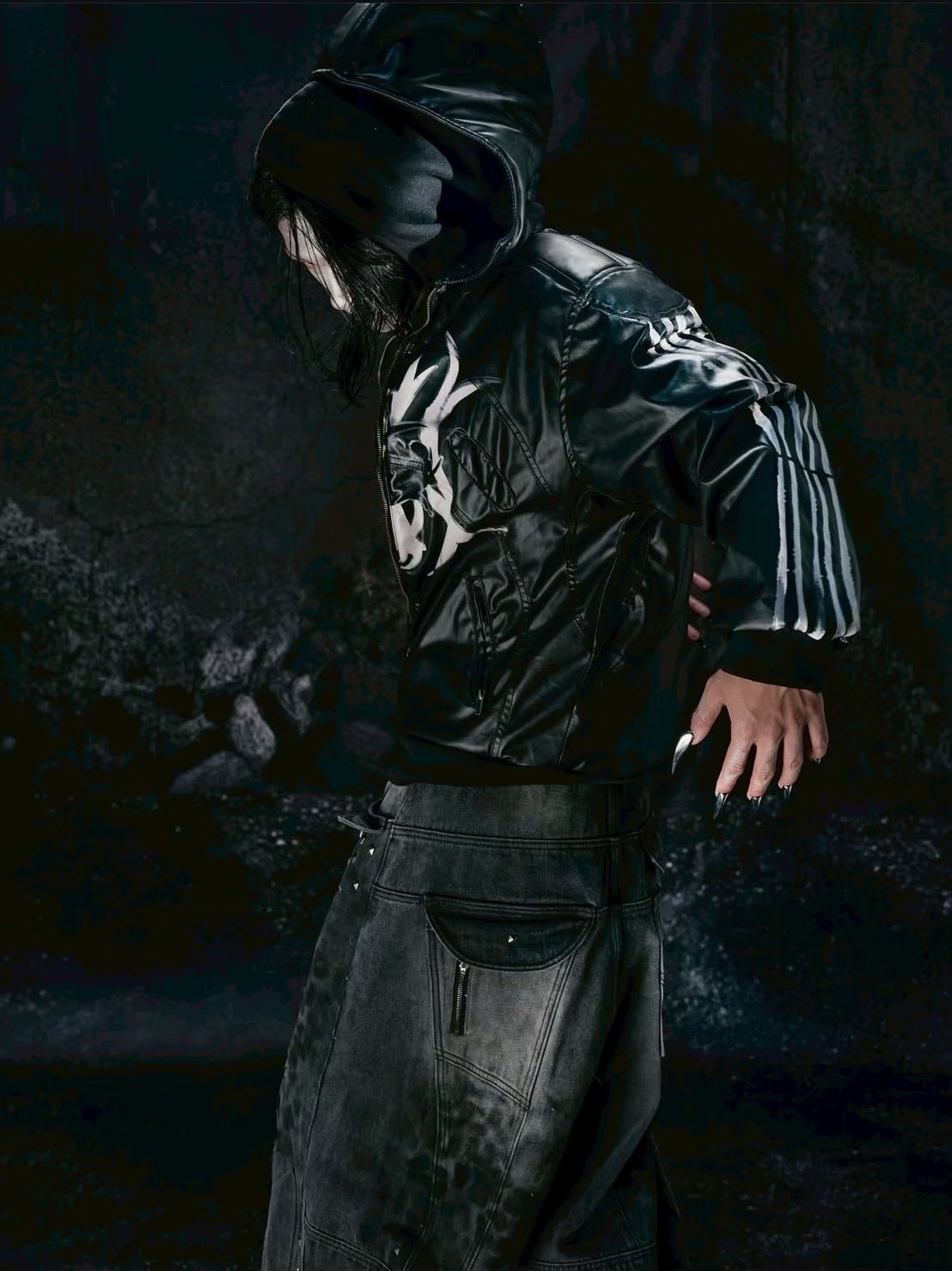 【Cozy world Wide】"BBY TECHBOI" 2 LAYER LEATHER SHELL HOODED JACKET / 【コージーワールドワイド】グラフィックレイヤードフードジャケット