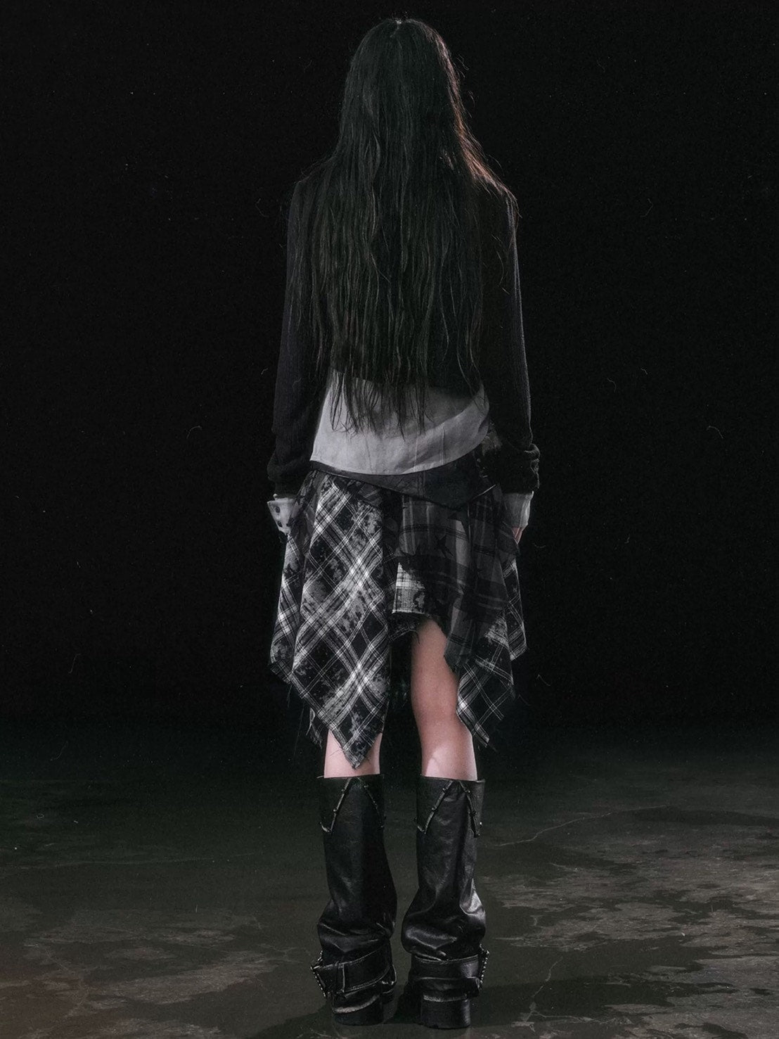 【Cest Nous】Star-Patterned Plaid Asymmetrical Skirt