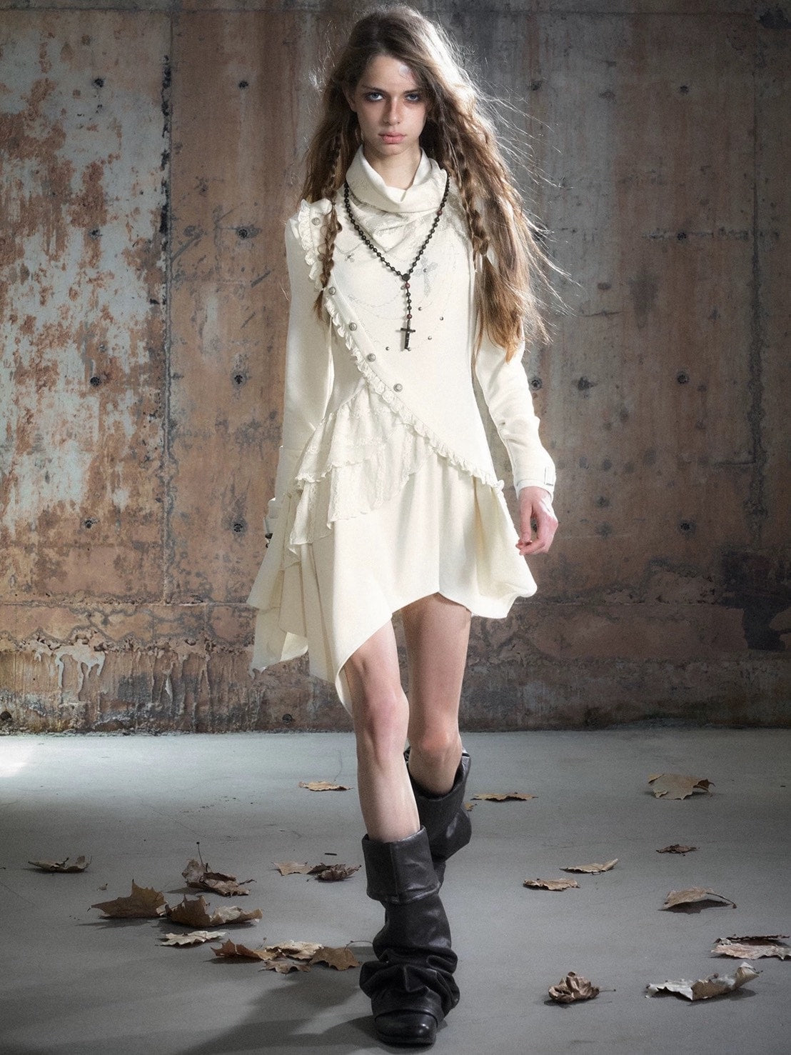 【Cest Nous】Beige Cowl Neck Dress / 【セヌー】ハイネックアシンメトリーフリルワンピース