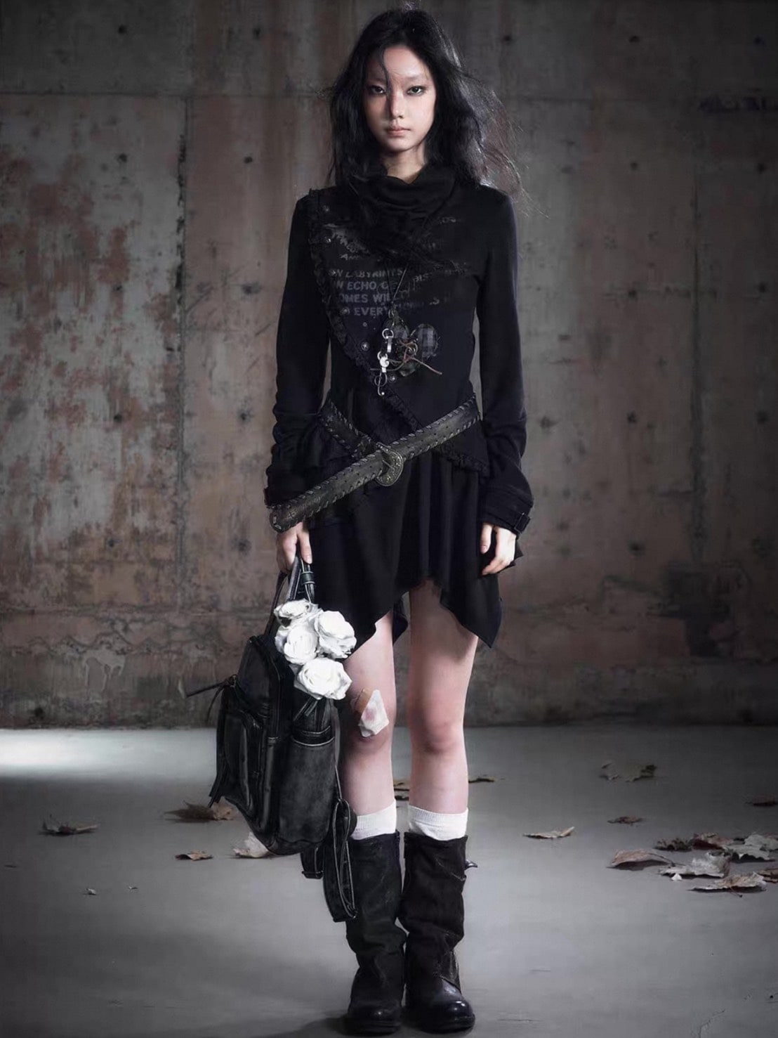 【Cest Nous】Black Cowl Neck Dress / 【セヌー】ハイネックアシンメトリーフリルワンピース