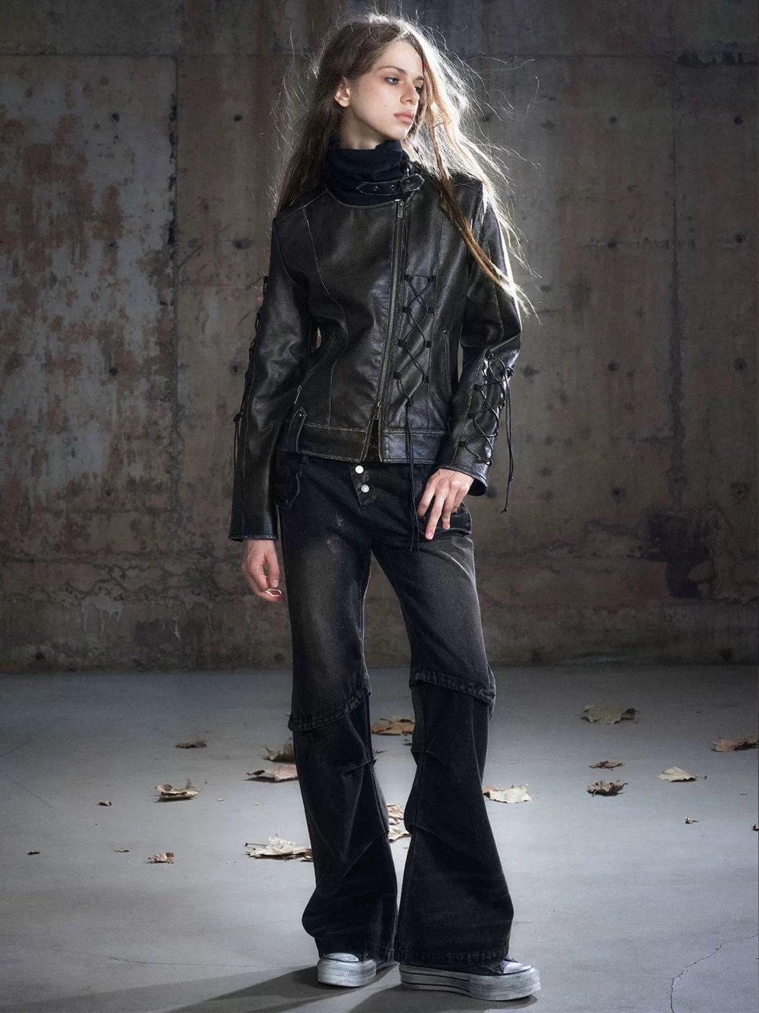 【Cest Nous】Lace-up Non-leather Jacket / 【セヌー】ハイネックコーティングレースアップジャケット