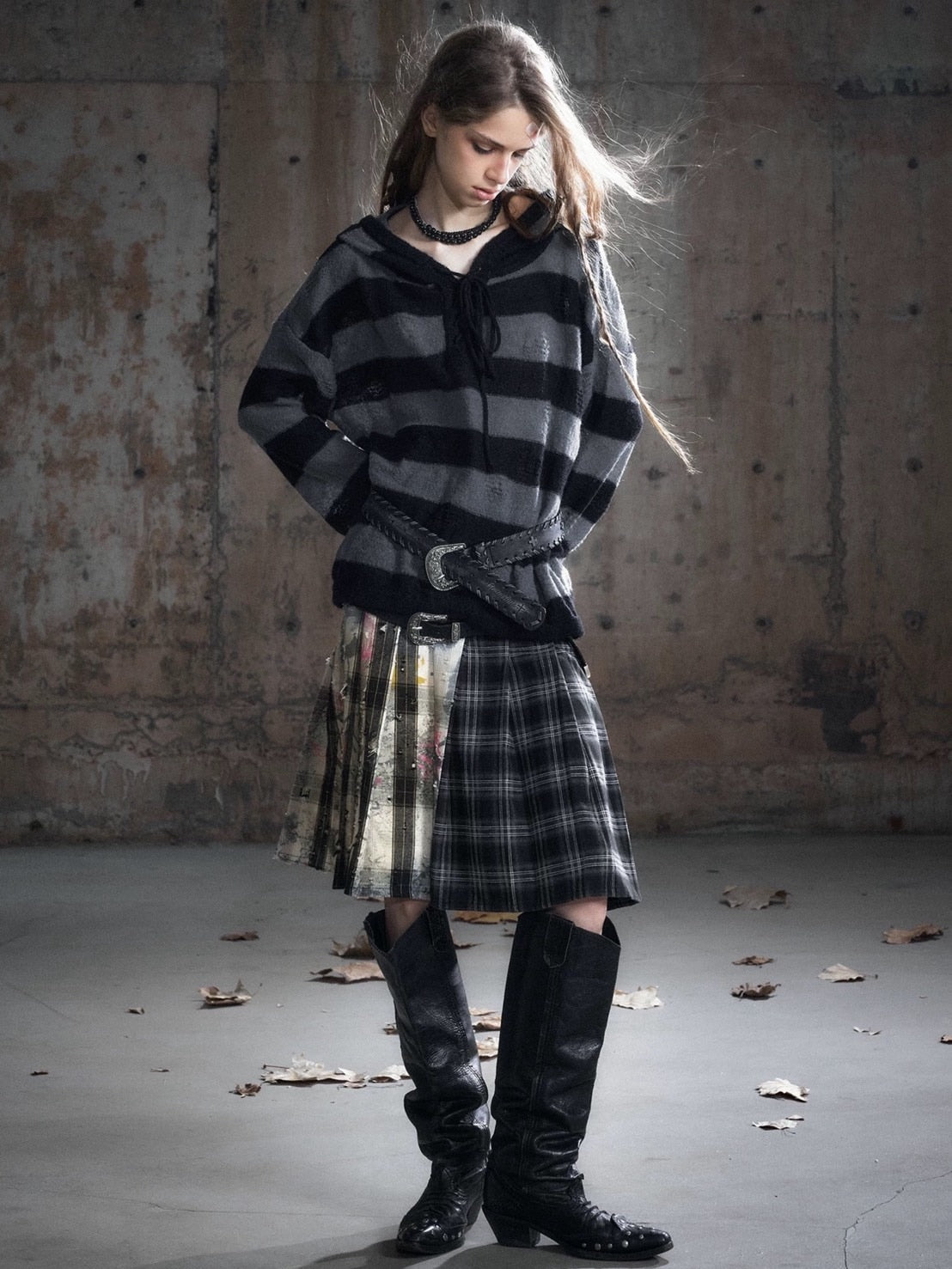 【Cest Nous】Plaid Pleated Skirt / 【セヌー】レイヤードデザインベルトプリーツスカート