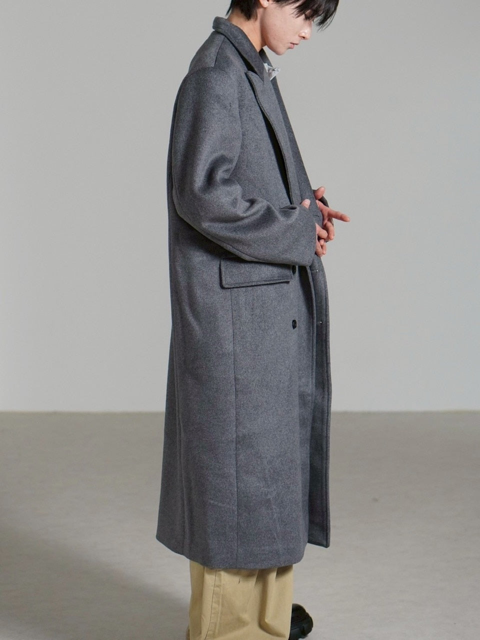 受注制【Chikashitsu +】overfit cashmere blend double long coat / 【チカシツプラス】オーバーフィットカシミヤブレンドダブルロングコート (3color)