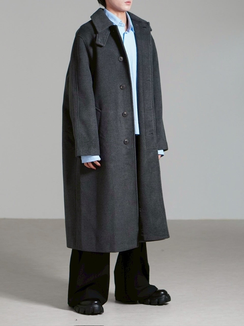受注制【Chikashitsu +】high neck wool blend long coat (2color