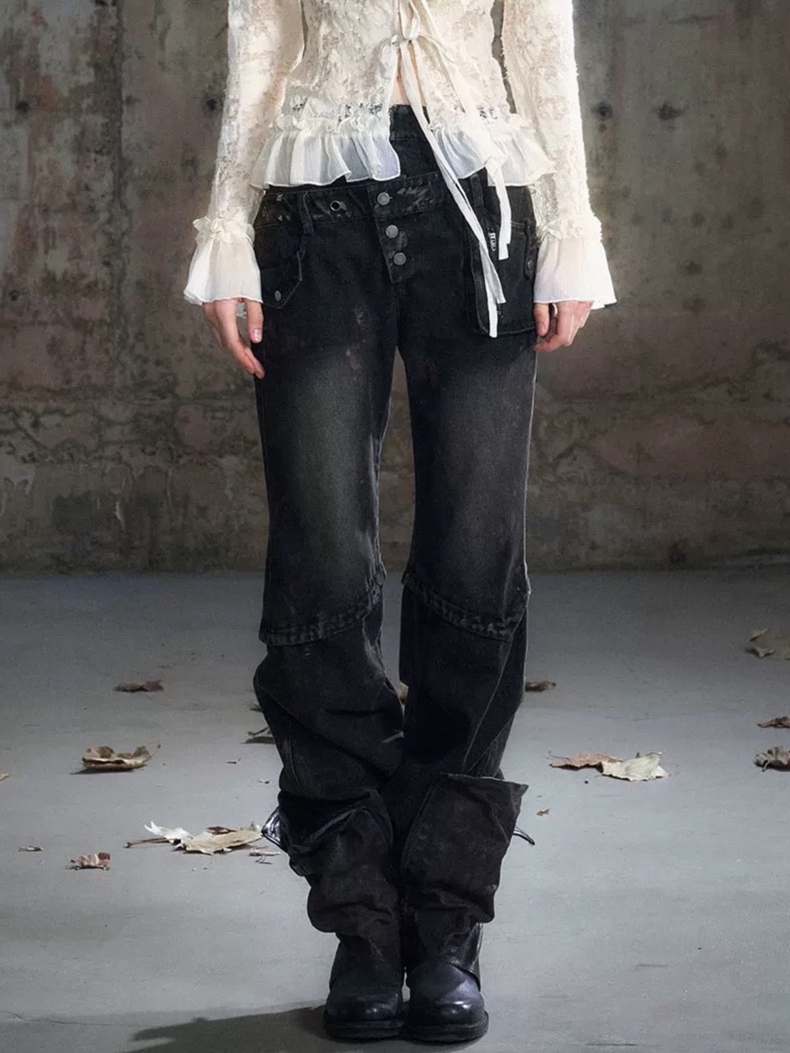 【Cest Nous】Dirty Wash Double Waist Jeans / 【セヌー】ダーティーウォッシュダブルウエストデニムパンツ"