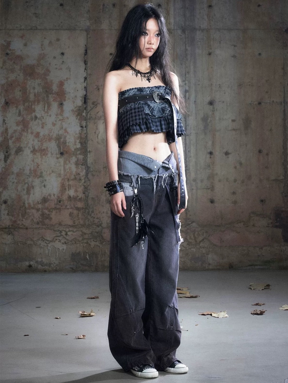 【Cest Nous】Black & Red Wide-Leg Pants / 【セヌー】ダブルウエストダメージデニムパンツ