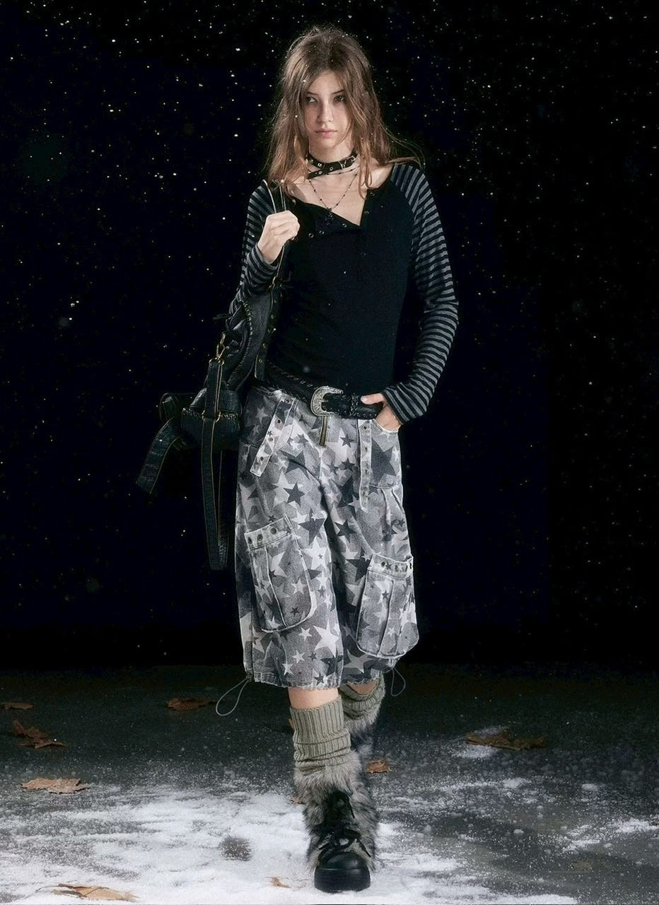 【Cest Nous】Asymmetric henley neck top / 【セヌー】ボーダースリーブ長袖Ｔシャツ