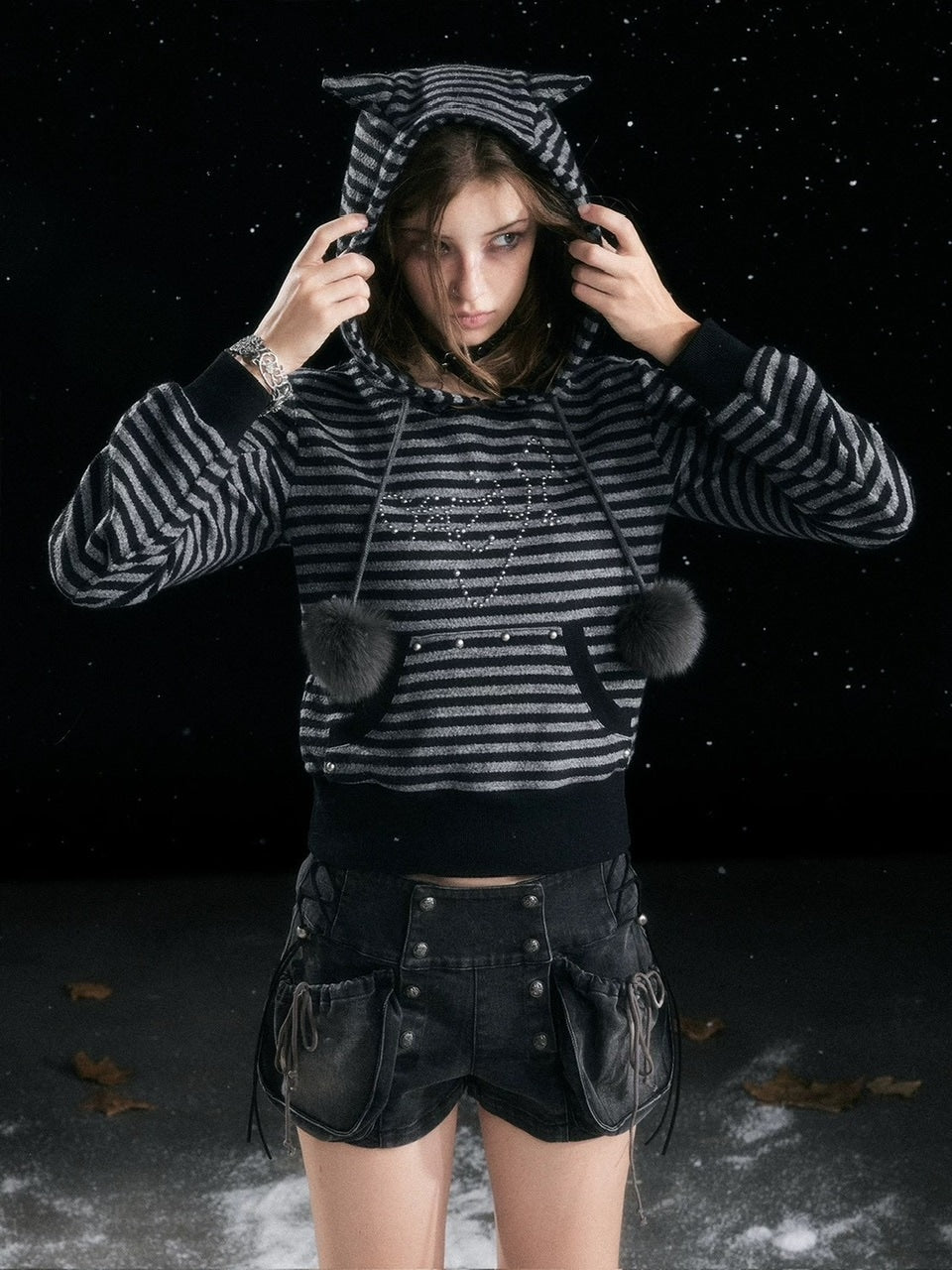 【Cest Nous】Striped cat-ear Striped cat-ear pullover parker / 【セヌー】ボーダーキャットイヤープルオーバーパーカー