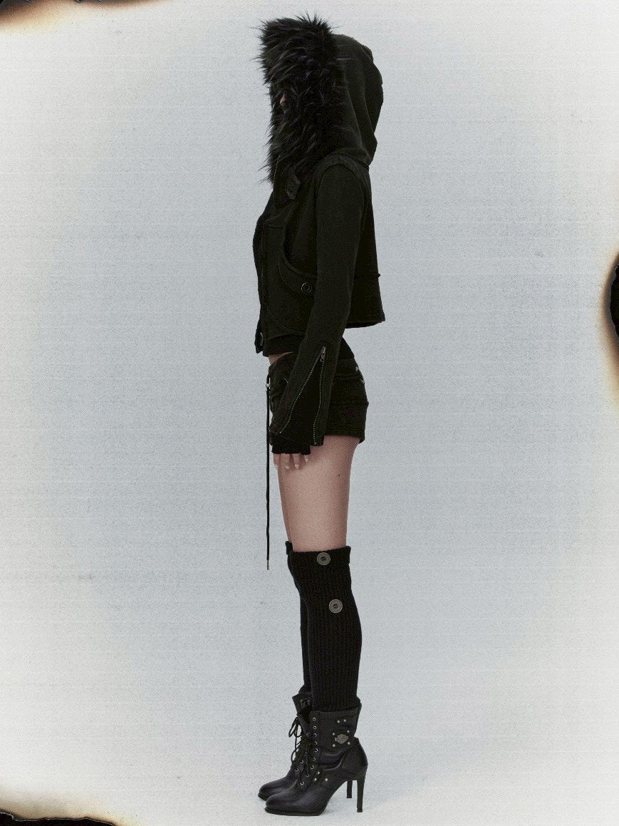 【bonienkiye】Distressed Seam Fur Hood Zip-Up