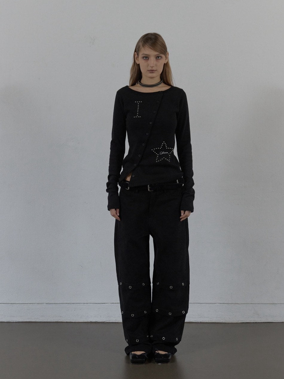 【SETUP‐EXE】STAR BUTTON TOP / 【セットアップエグゼ】ラインストーンボタン長袖Tシャツ