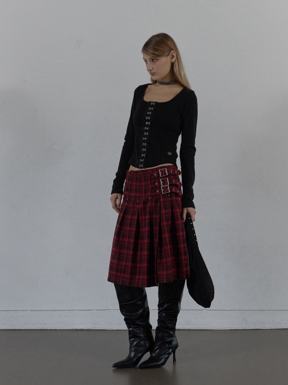 【SETUP‐EXE】CHECK BUCKLE WRAP SKIRT / 【セットアップエグゼ】ベルトチェックラップスカート