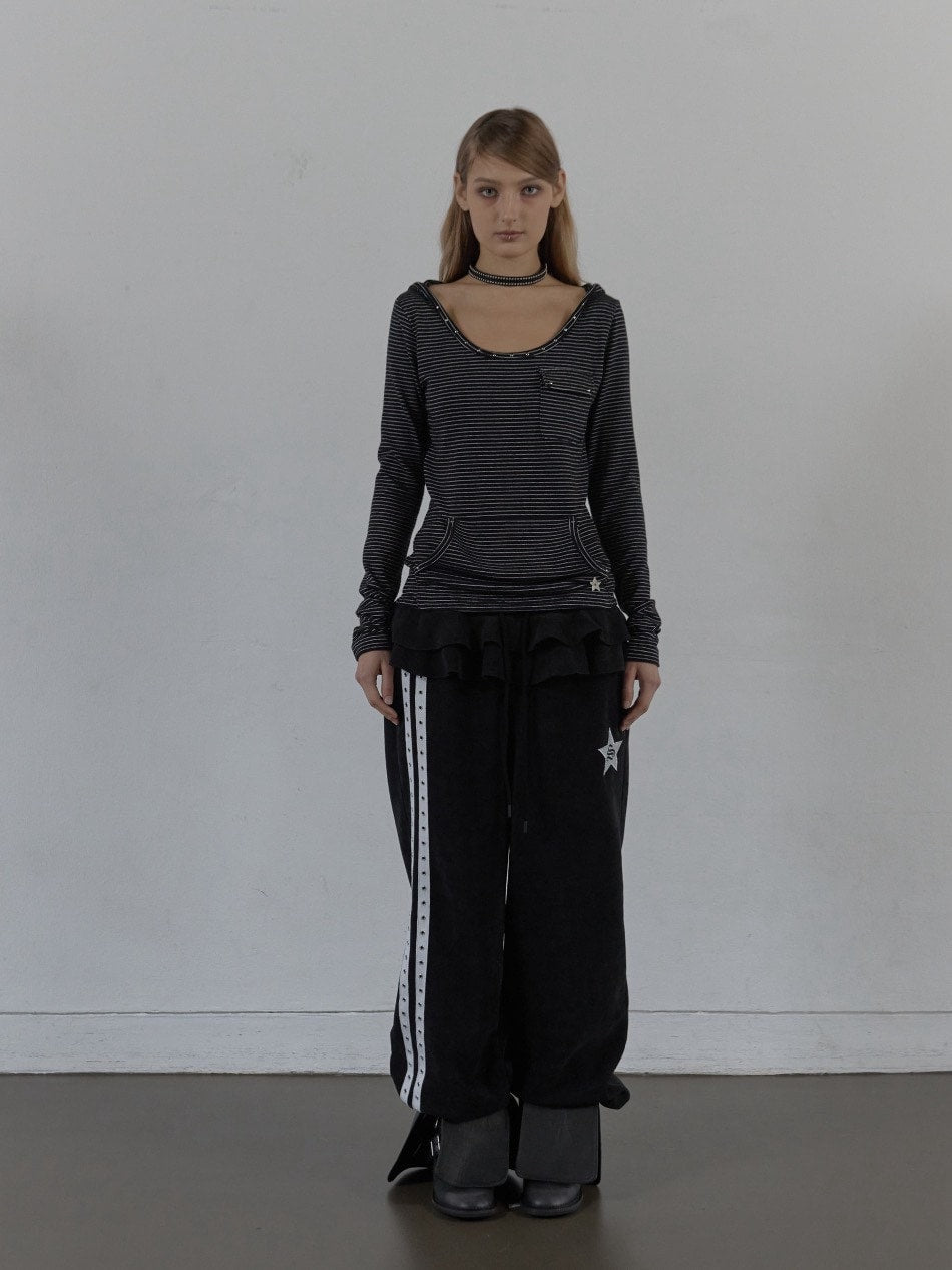 【SETUP‐EXE】FRILL EYELET SWEATPANTS / 【セットアップエグゼ】フリルアイレットサイドラインスウェットパンツ