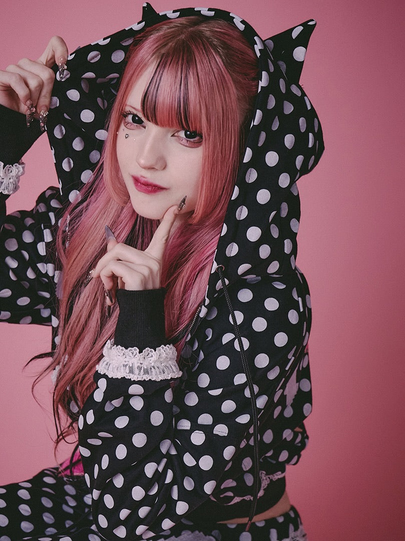 【GALFY】ポップポップI LOVE GALパーカー / 【ガルフィー】バックデザインドット耳付きジップアップパーカー