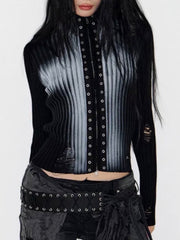 【NOT KNOWING】Cross Spray Damaged Knit Zip Up