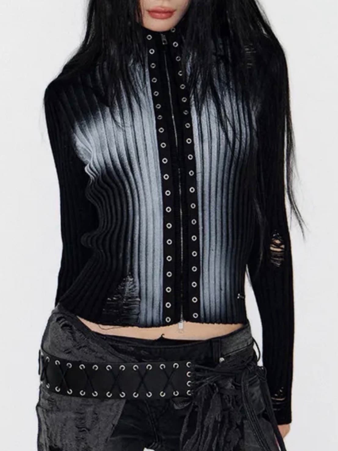 【NOT KNOWING】Cross Spray Damaged Knit Zip Up