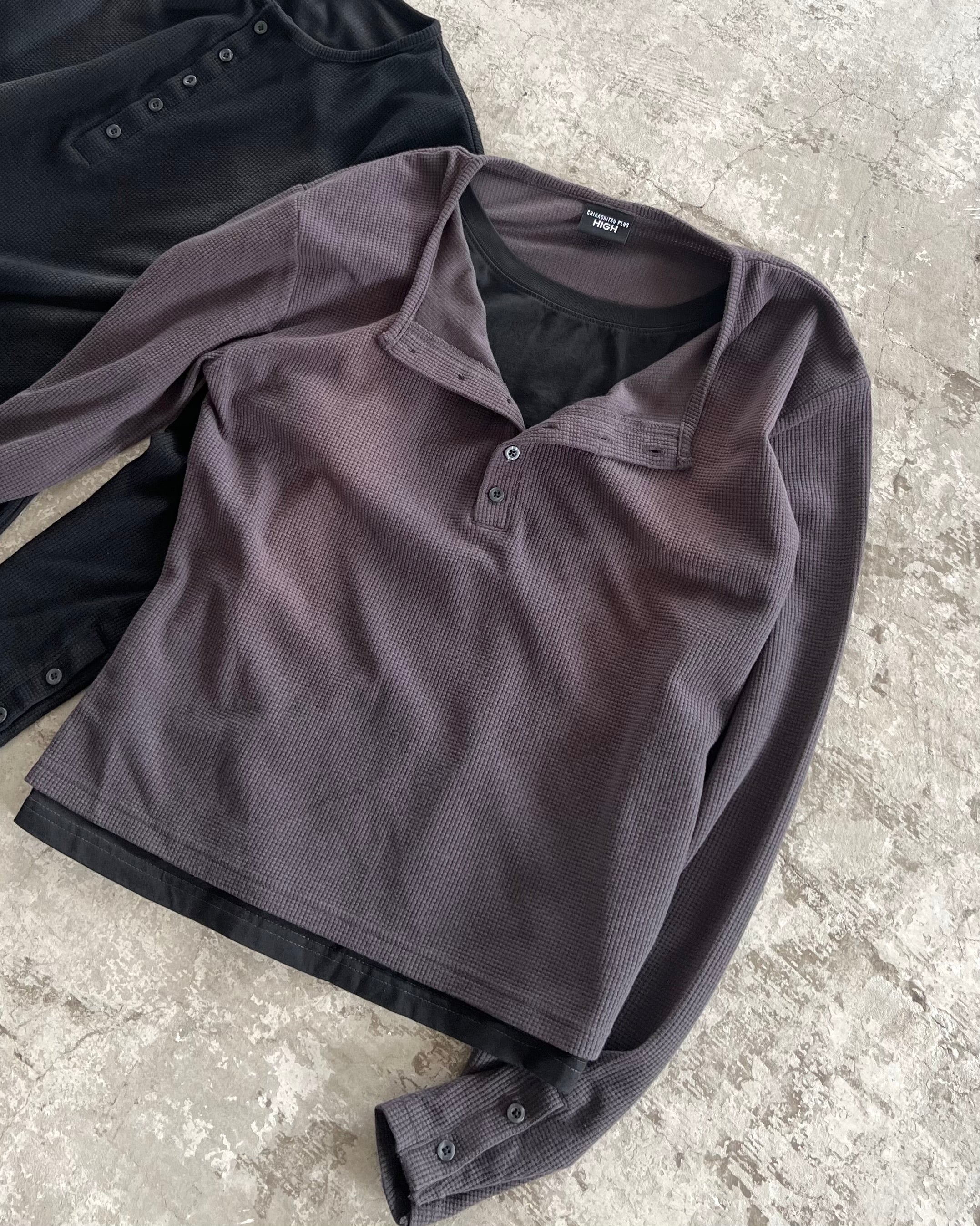 【CHIKASHITSU PLUS HIGH】Rust waffle layered henley neck tee(2color)