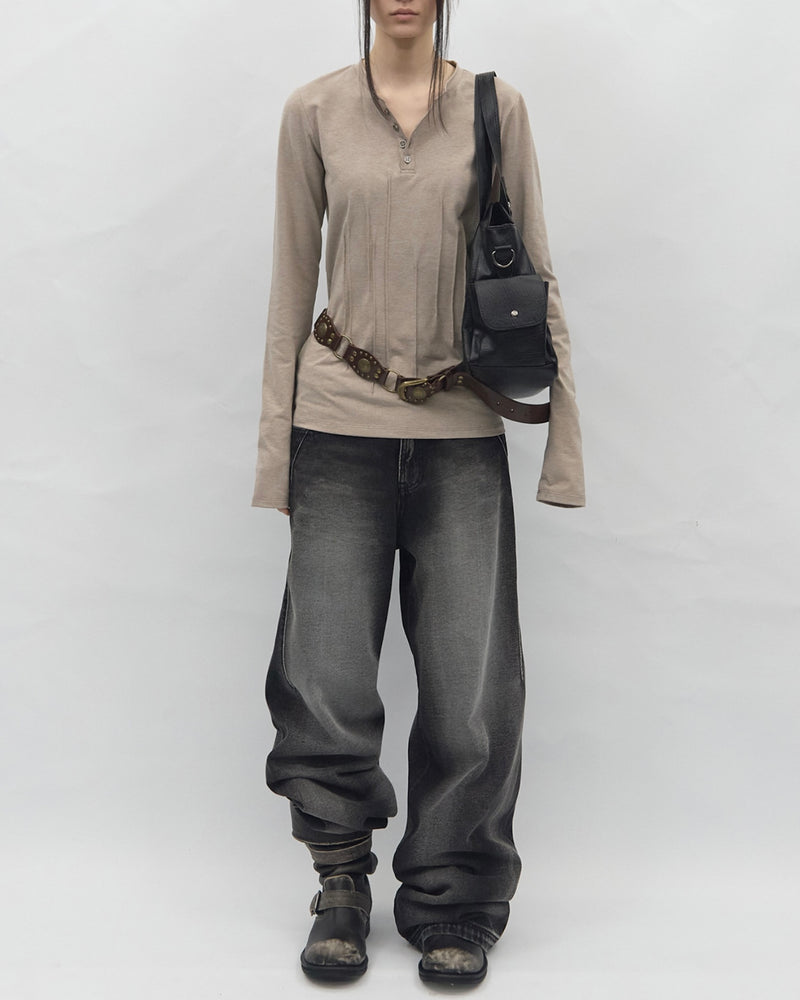 【BLR BLUER】Soft Pin-tuck Henley Long Sleeve