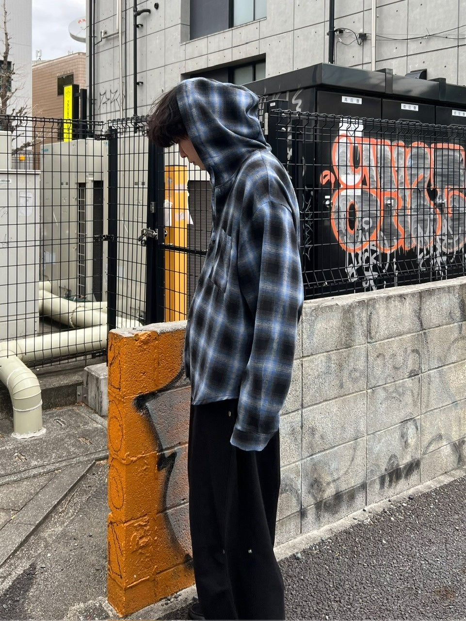 受注制【Chikashitsu +】tartan check hooded shirt (3color) / 【チカシツプラス】タータンチェックフード付き長袖シャツ