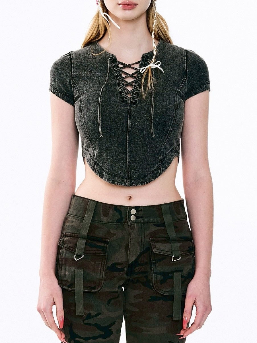 【ODDONEOUT】Washing denim Vneck top / 【オッドワンアウト】ウォッシングデニムVネック半袖Tトップス