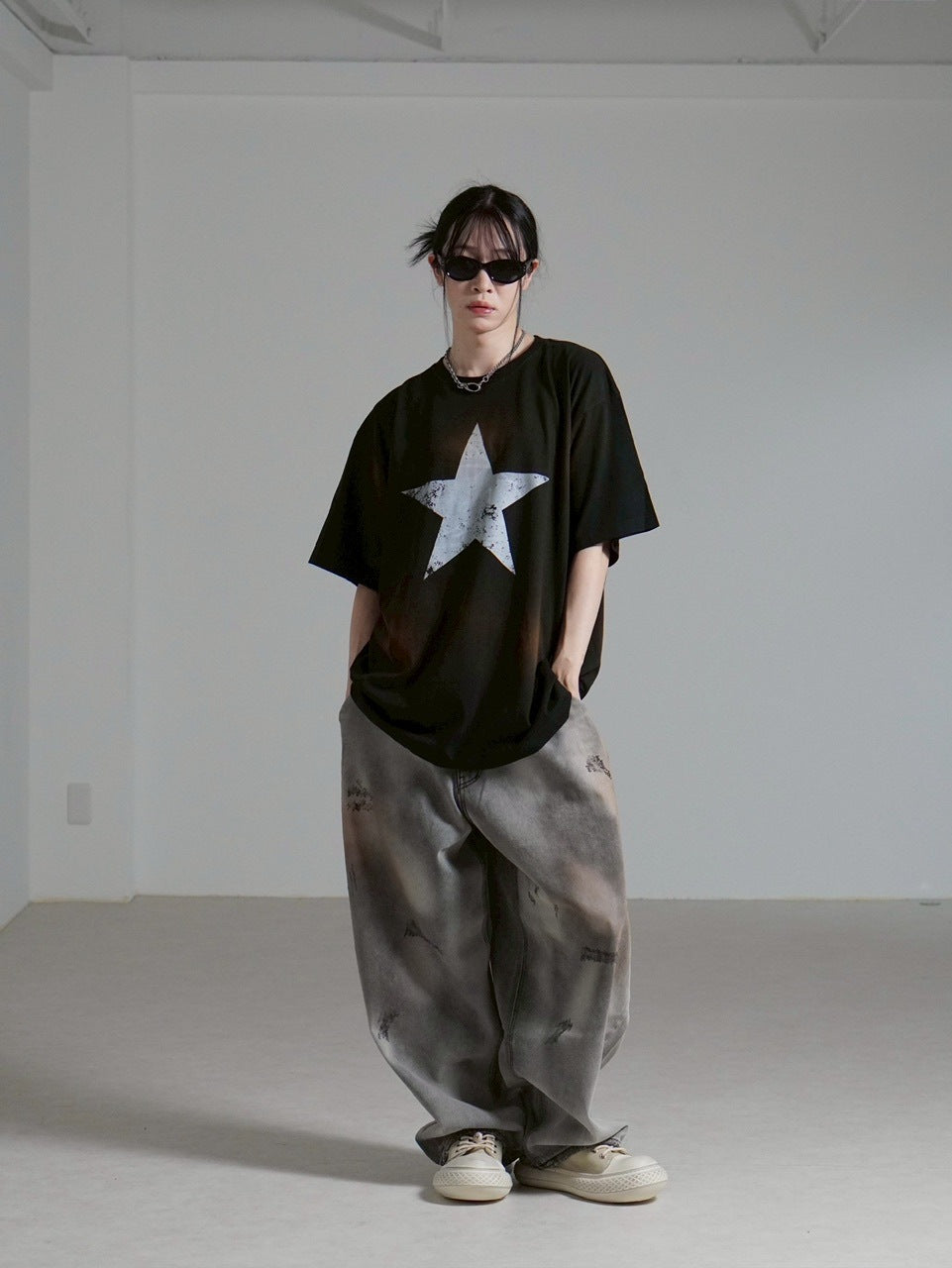 受注制【Chikashitsu +】pigment big star t-shirt (2color) / 【チカシツプラス】ピグメントビッグスタープリント半袖Tシャツ
