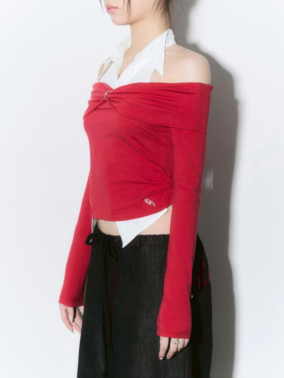 【CHERRYQUIRI】shirts layered off shoulder top