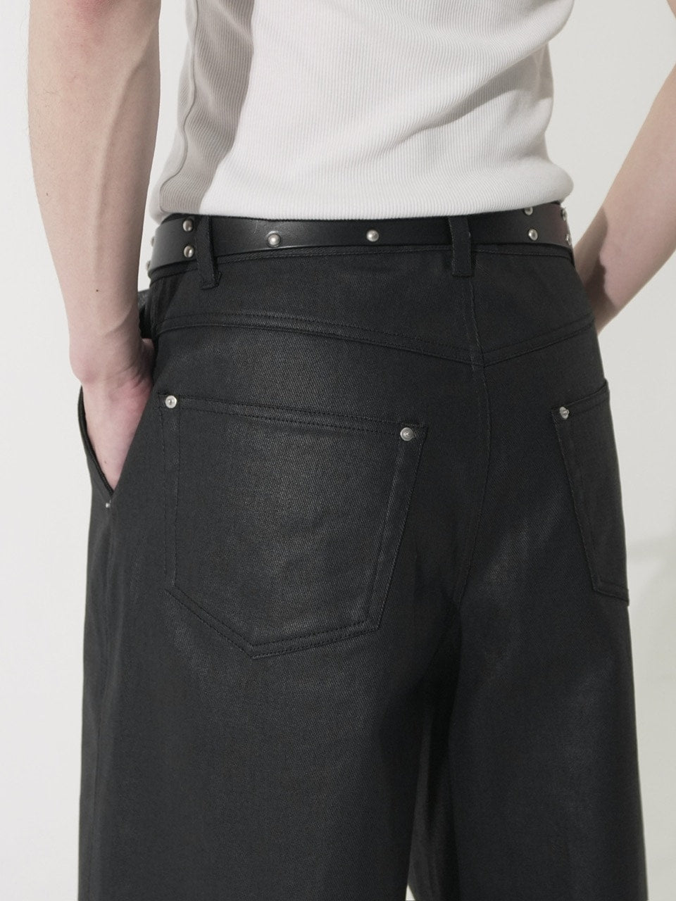 【CS】coated wide denim pants (black)
