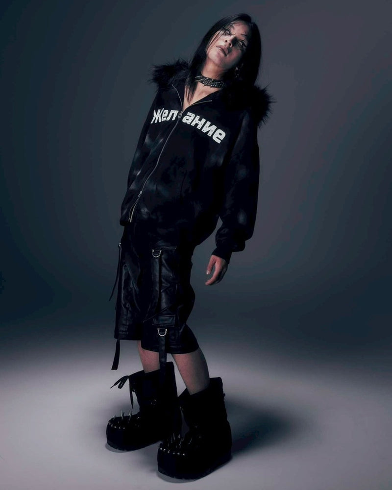【DIG YOUR OWN GRAVE】Желание FUR HOODIE /【ディグユアオウングレイブ】ファーフードフードジェラーニエロゴジップアップパーカー