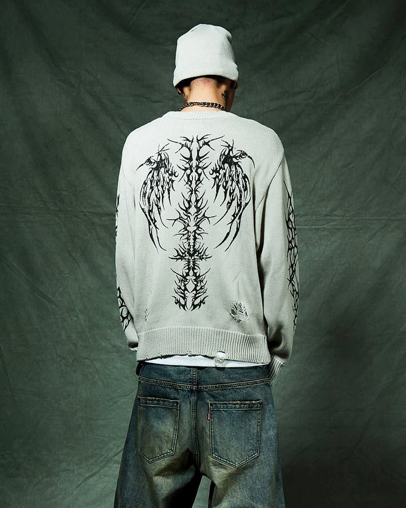 【SUPPLIER】Distressed Tribal Bones Crew Knit