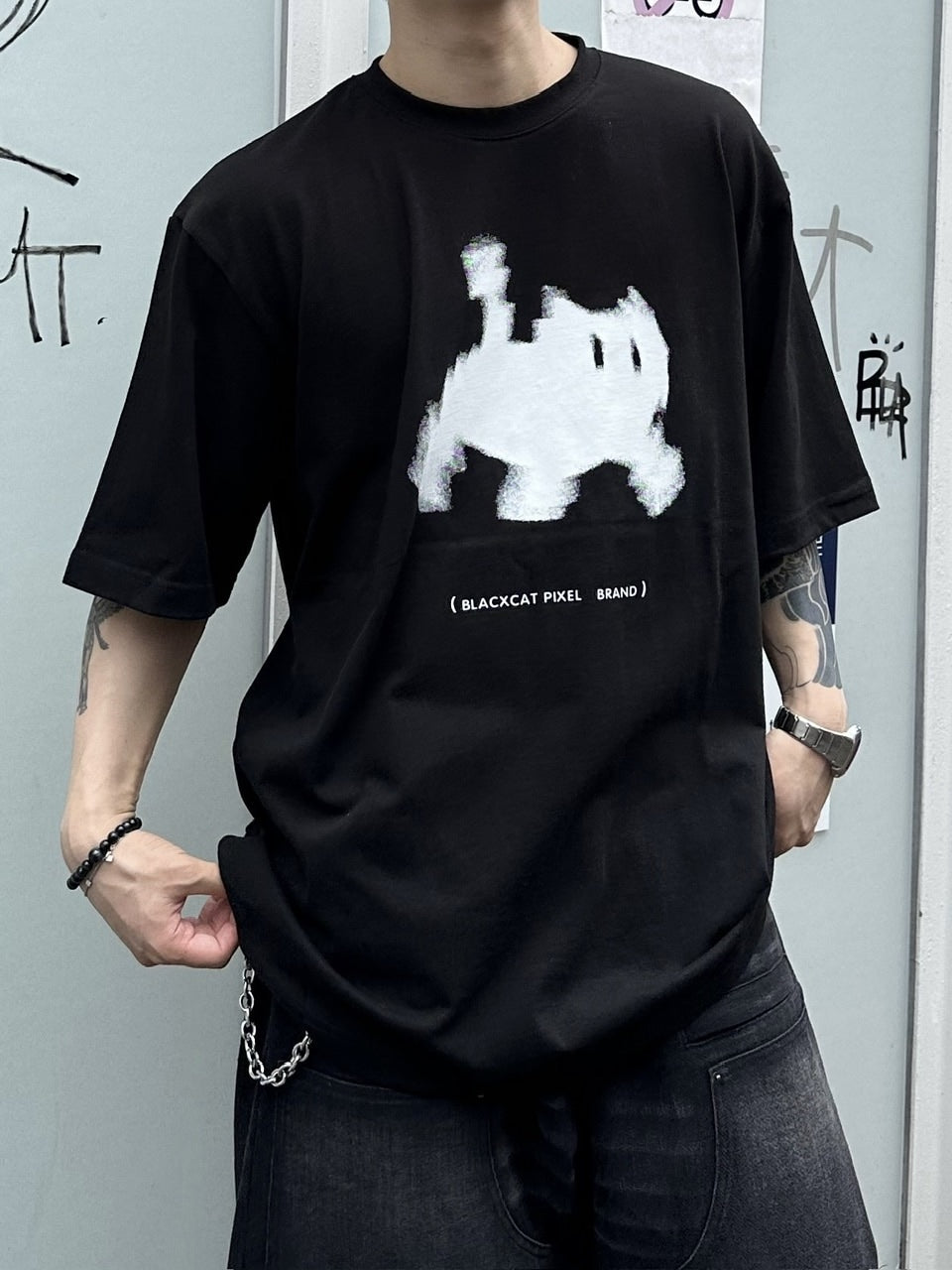 大阪店WEB限定【Chikashitsu +】oversized pixel cats t-shirt (2color