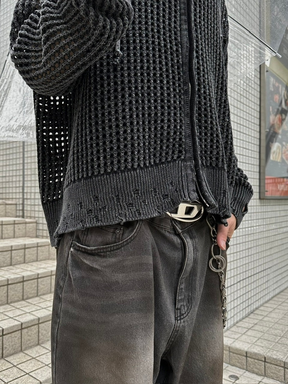 大阪店WEB限定受注制【Chikashitsu +】mesh zip damage hoodie (2color) / 【チカシツプラス】メッシュダメージジップアップ長袖パーカー