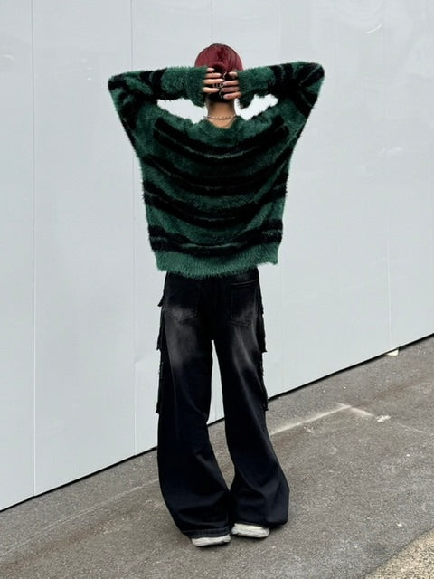 受注制【Chikashitsu +】hairy border knit (3color) / 【チカシツプラス】ヘイリーボーダーニット