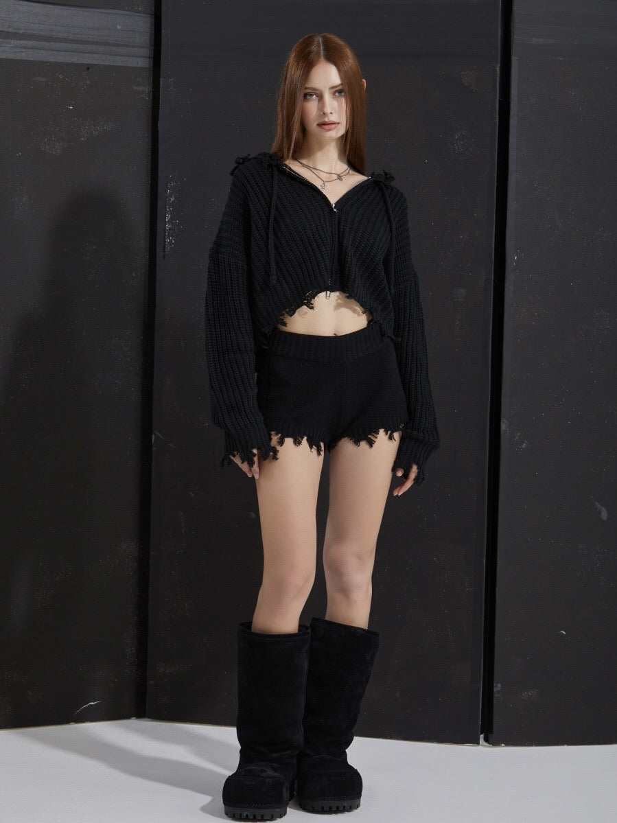 【GATELESS】RIB KNIT ZIP-UP HOODIE