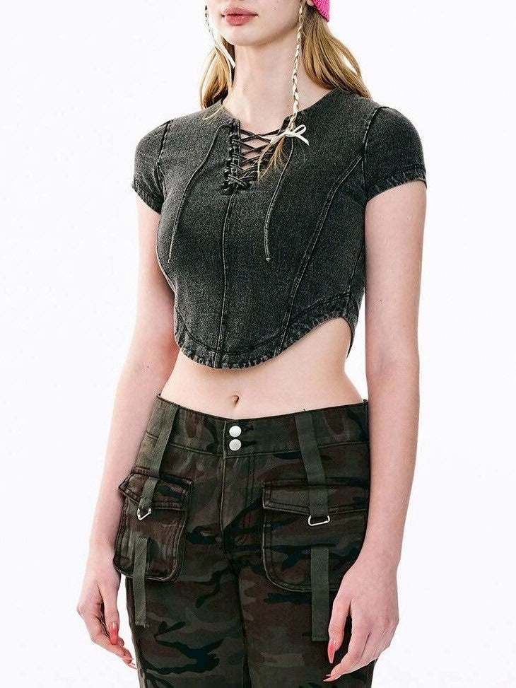 【ODDONEOUT】Washing denim Vneck top / 【オッドワンアウト】ウォッシングデニムVネック半袖Tトップス