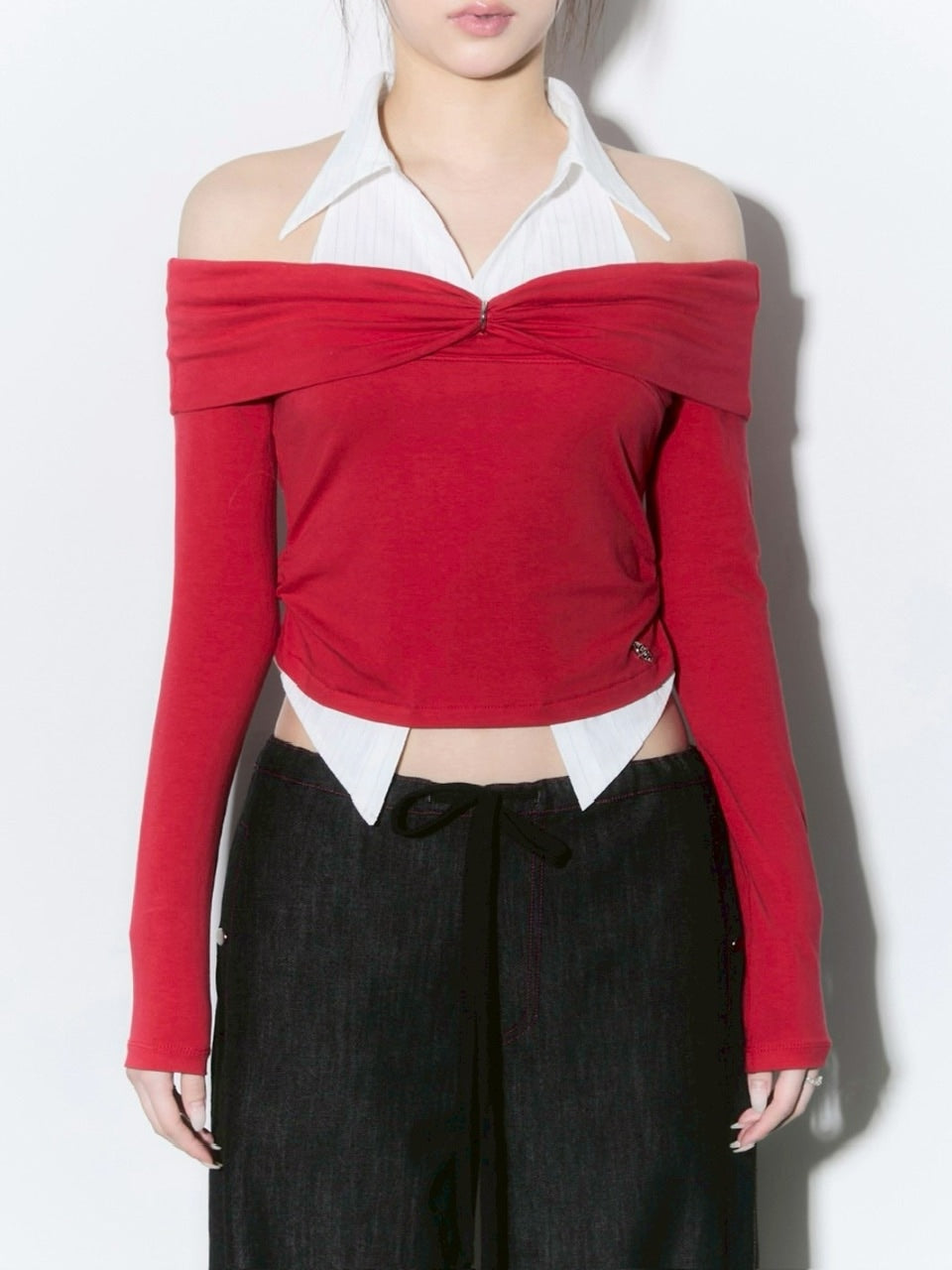 【CHERRYQUIRI】shirts layered off shoulder top