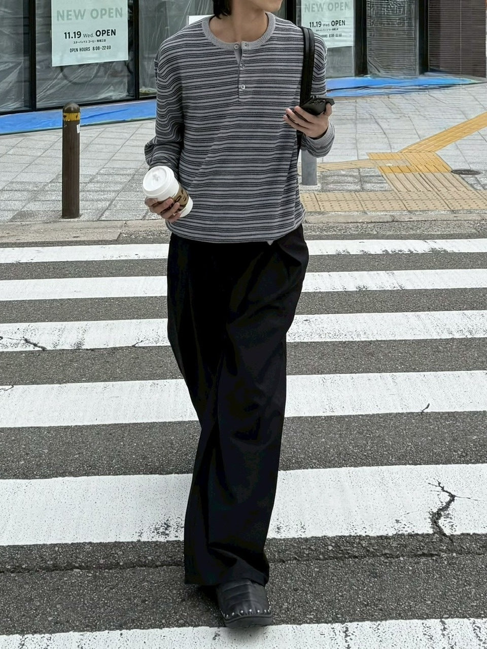 受注制【Chikashitsu +】cropped henry neck border knit / 【チカシツプラス】クロップドヘンリーネックボーダーニット (3color)