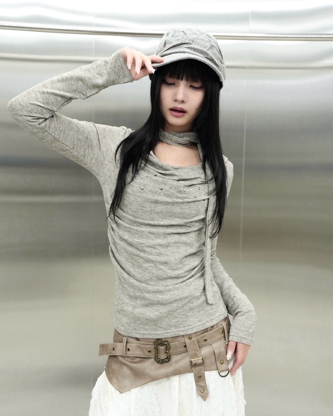 受注制【Never mind the XU】Draped ruched tie set top (4color)