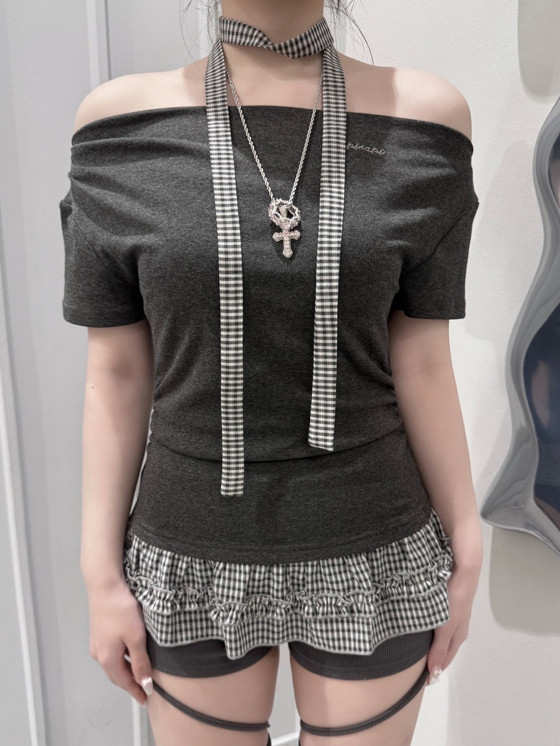 受注制【nmtc+】Check Frill Layered Tee Scarf Set (2color)