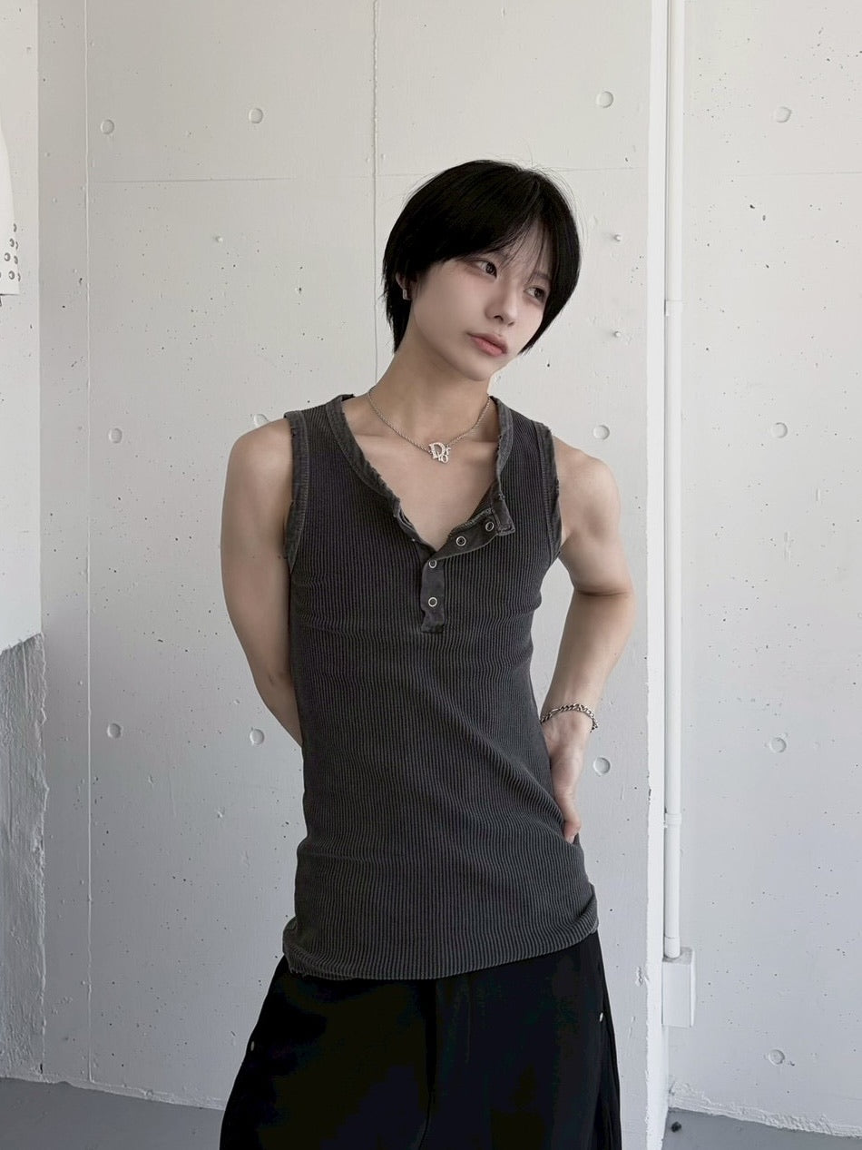 受注制【LUV CODE】pigment rib henley neck sleevesless (3color)